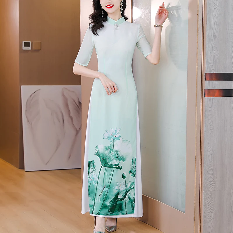 Подобрено рокля Чонсам в китайски стил 2023, Секси Елегантна дълга рокля-халат за баня с принтом лотос, винтажное Вьетнамское шифоновое вечерна рокля