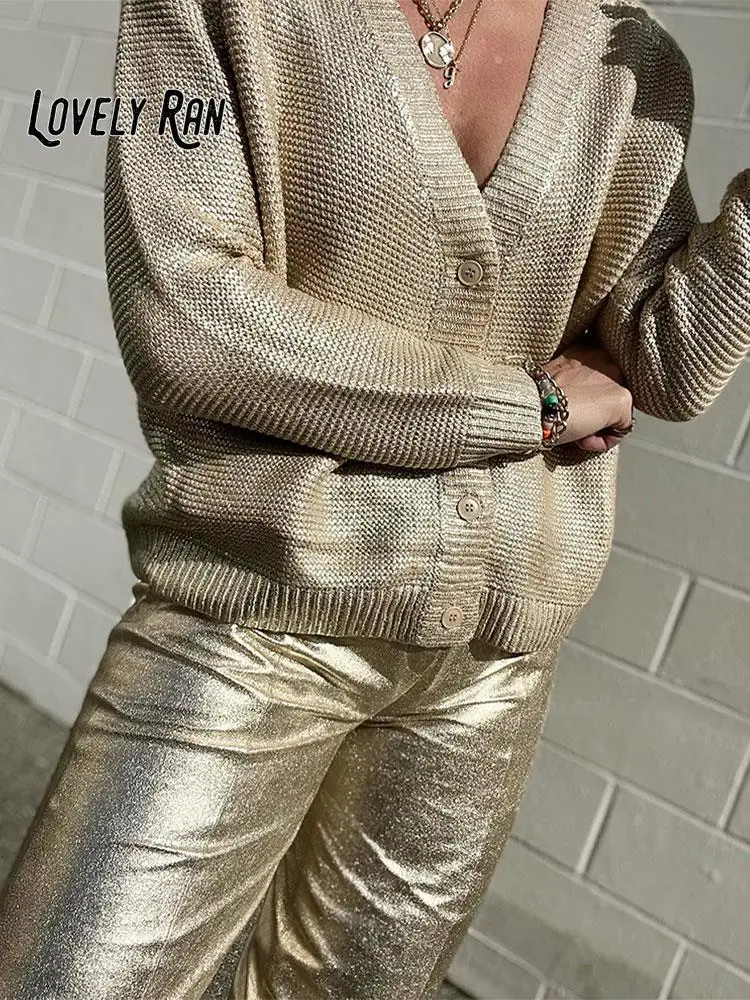 Златен однобортный жилетка с V-образно деколте за жени, блестящо красива козина с двоен джоб, 2023, Елегантни дамски връхни дрехи с дълги ръкави