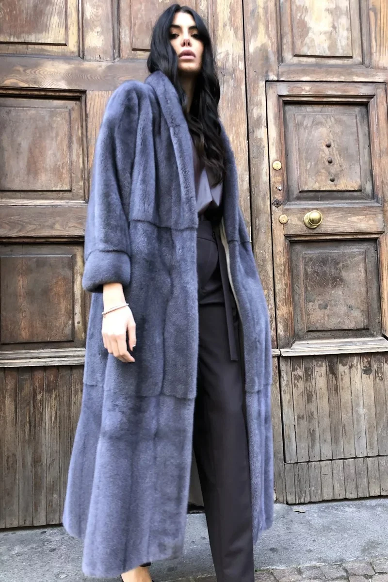 Дамско палто от естествена кожа на норка Arlenesain 2023 super long тъмно-син цвят