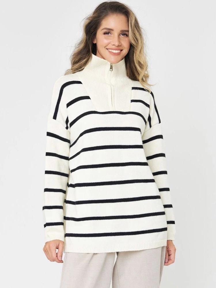 CamKemsey Есен Зима Основни възли блузи За жени, Модни turtlenecks с цип Пуловери в ивицата Оверсайз