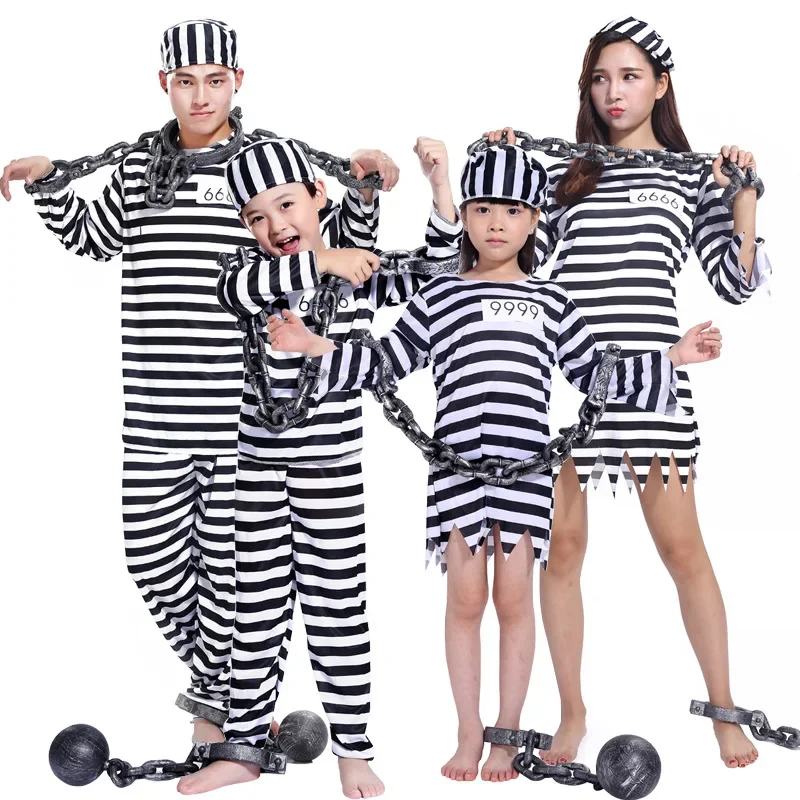 Затворнически клетки униформи Хелоуин Cosplay Маскарад Бели райета Хлопчатобумажный костюм за деца и възрастни Родител на Дете Карнавальная парти Костюм за насилие