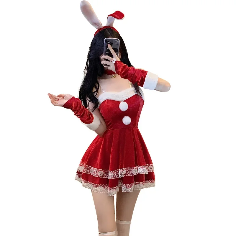 Коледно Червено Женствена Рокля Sweet Bunny Girl Costume Rabbit Woman Set Костюм На Заек Секси Бельо Дама Cosplay Коледна Униформи Прислужница