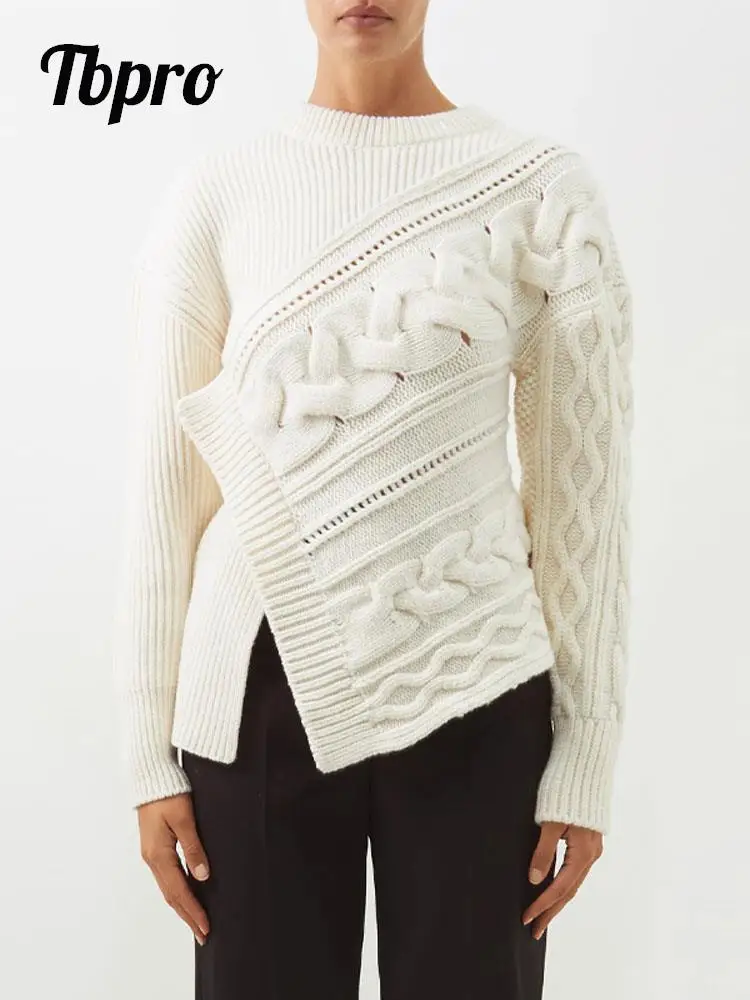 Луксозен женски пуловер еднакво неправилни плетени с раздвоением, ежедневни топли Свободни блузи с дълъг ръкав, есенен дамски градинска облекло 2023 година.