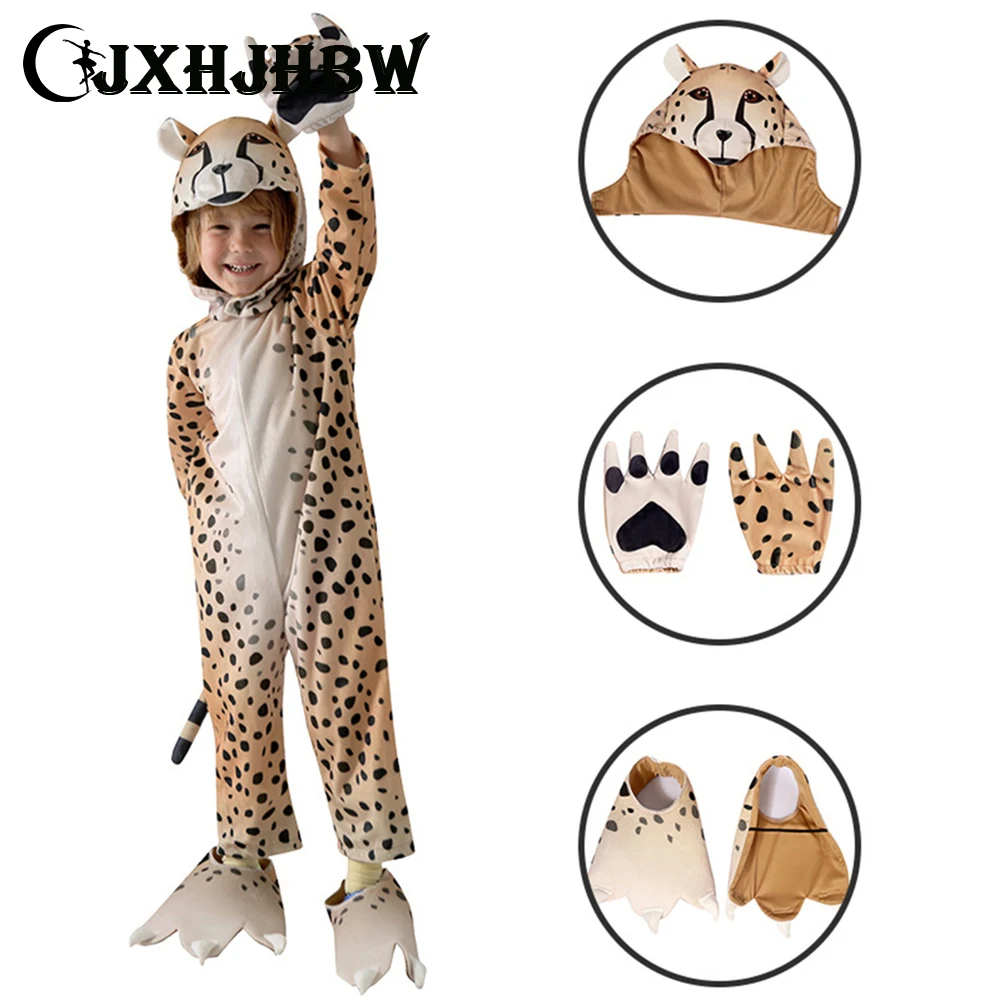 JXHJHBW Детски леопардовый кралят костюм за Хелоуин, детски гащеризон с леопардовым принтом и ръкавици, костюм за изяви, дрехи за партита