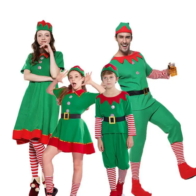 2020 Семейни Коледни костюми за cosplay Elven празнична рокля на Зелени Родителите Детска Коледна дрехи, Костюми Зимни Пижами Отгоре + Шапка + панталони Комплект