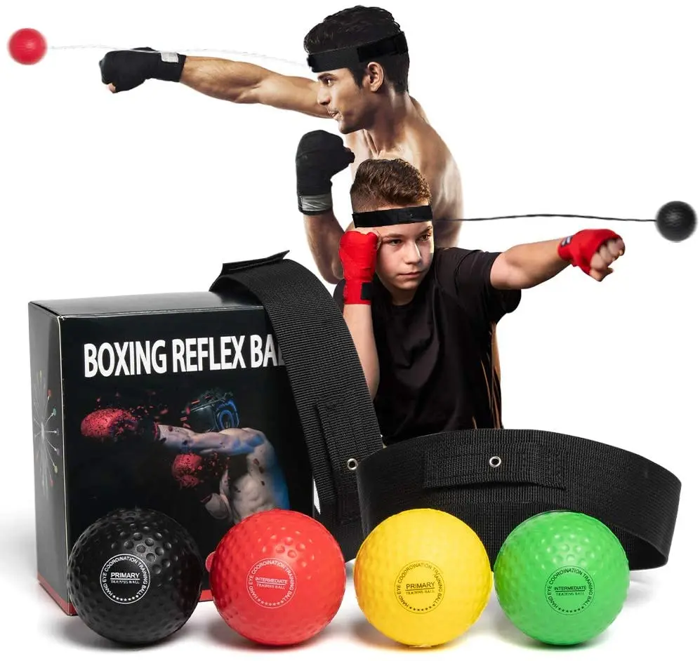Комплект боксови рефлекторни топки с силиконовата превръзка 3 нива на трудност за тренировка на скоростта на ударите, умения на бойното поле и визуално-моторна координация