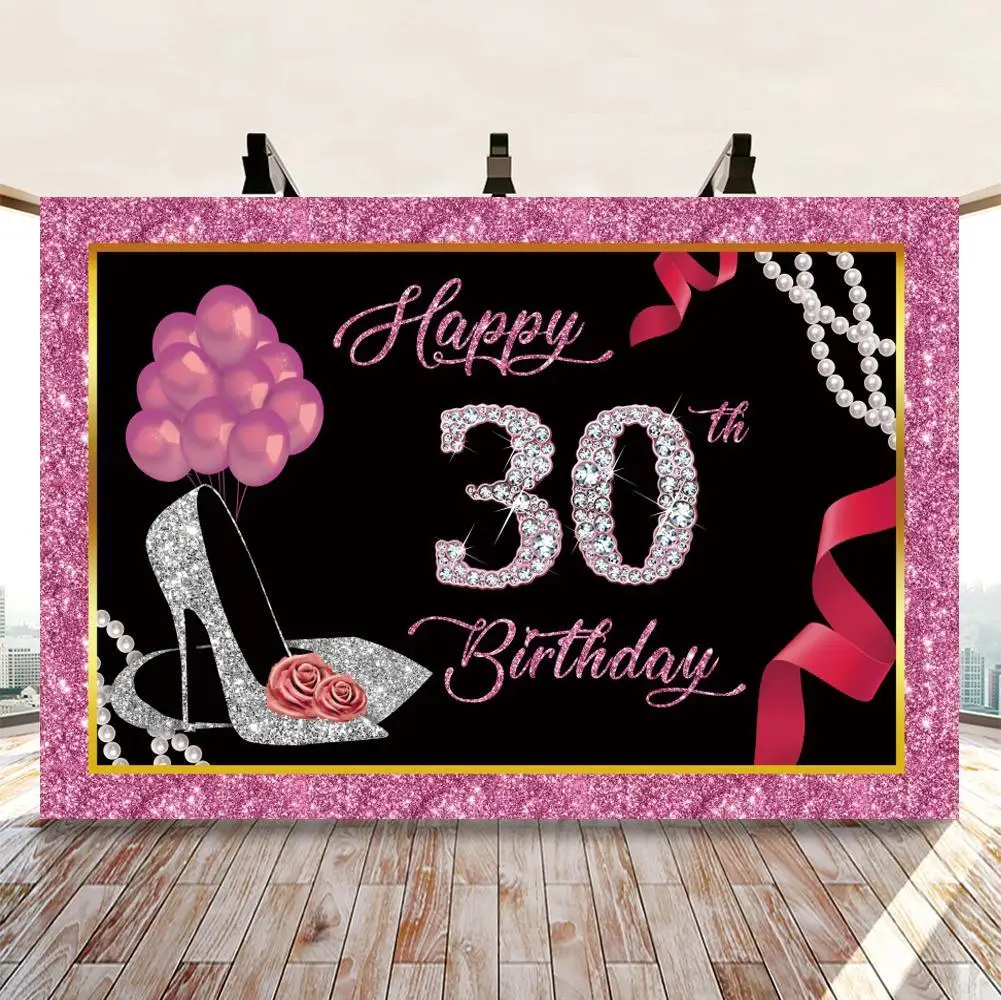 Честит 30 40 50 Сребърни Диамантени фонове Снимка Розов блясък Жени Танци Коктейл Честване на Парти Декор на масата Произход