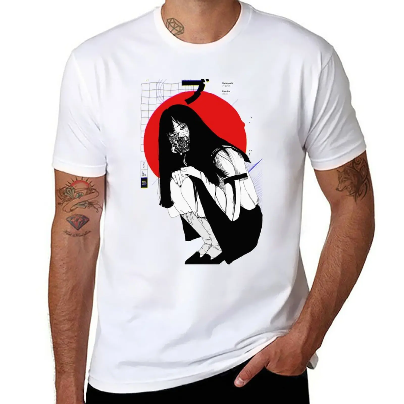 Нова киберпанковская тениска Vaporwave Cyborg Japanese Girl Red Sun, тениска за момче тениска за мъже