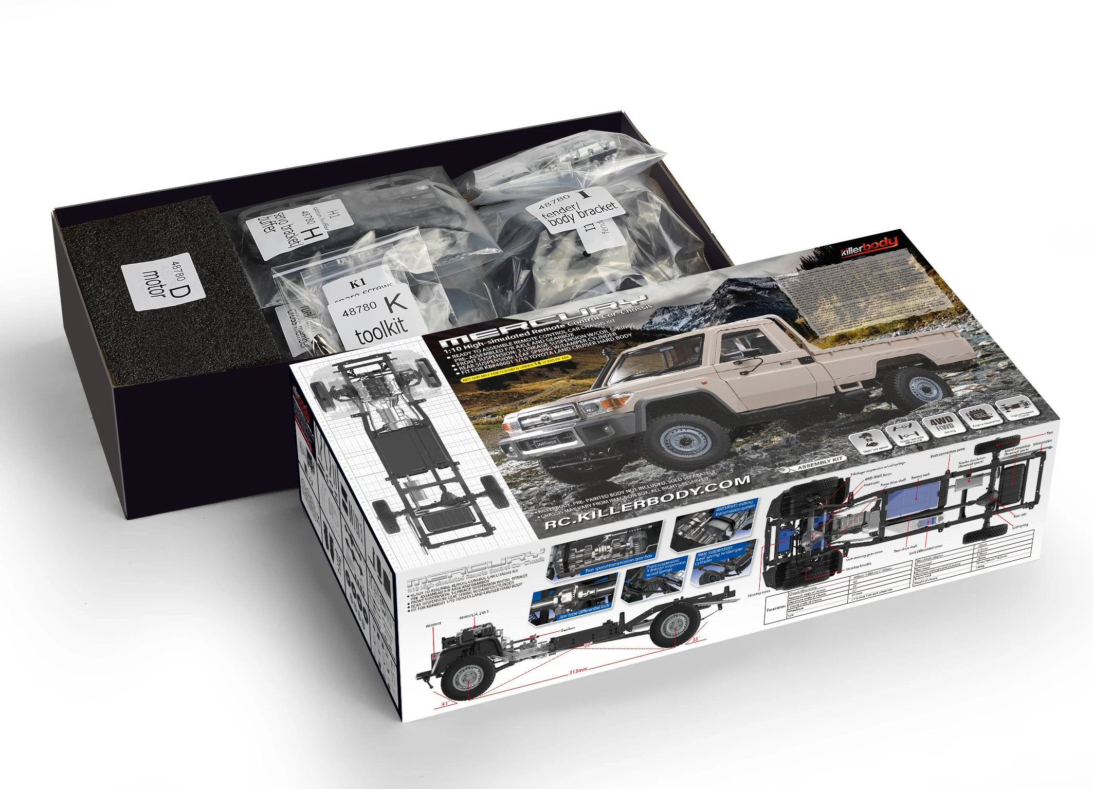 Комплект шаси Killerbody MERCURY - Предварително събрана ос F / R и скоростна кутия - Подходящ за твърд купето Toyota Land Cruiser 70 1/10