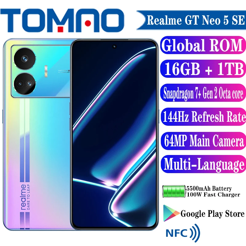 Глобалната вградена памет Realme GT Neo 5 SE Смартфон 5500 mah 100 W 6,74 инча 144 Hz Snapdragon 7 + Gen 2 Восьмиядерный 64 Mp Задна Трехкамерная NFC
