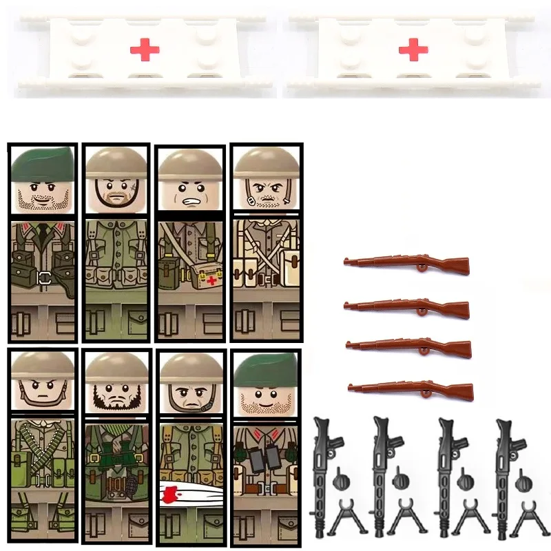 Заключване фигурки на войници на пехотата на армията на Втората световна война, аксесоари, Строителни блокове, военно оръжие, Германия, Каска, Автомат, Тухли, мини-играчки