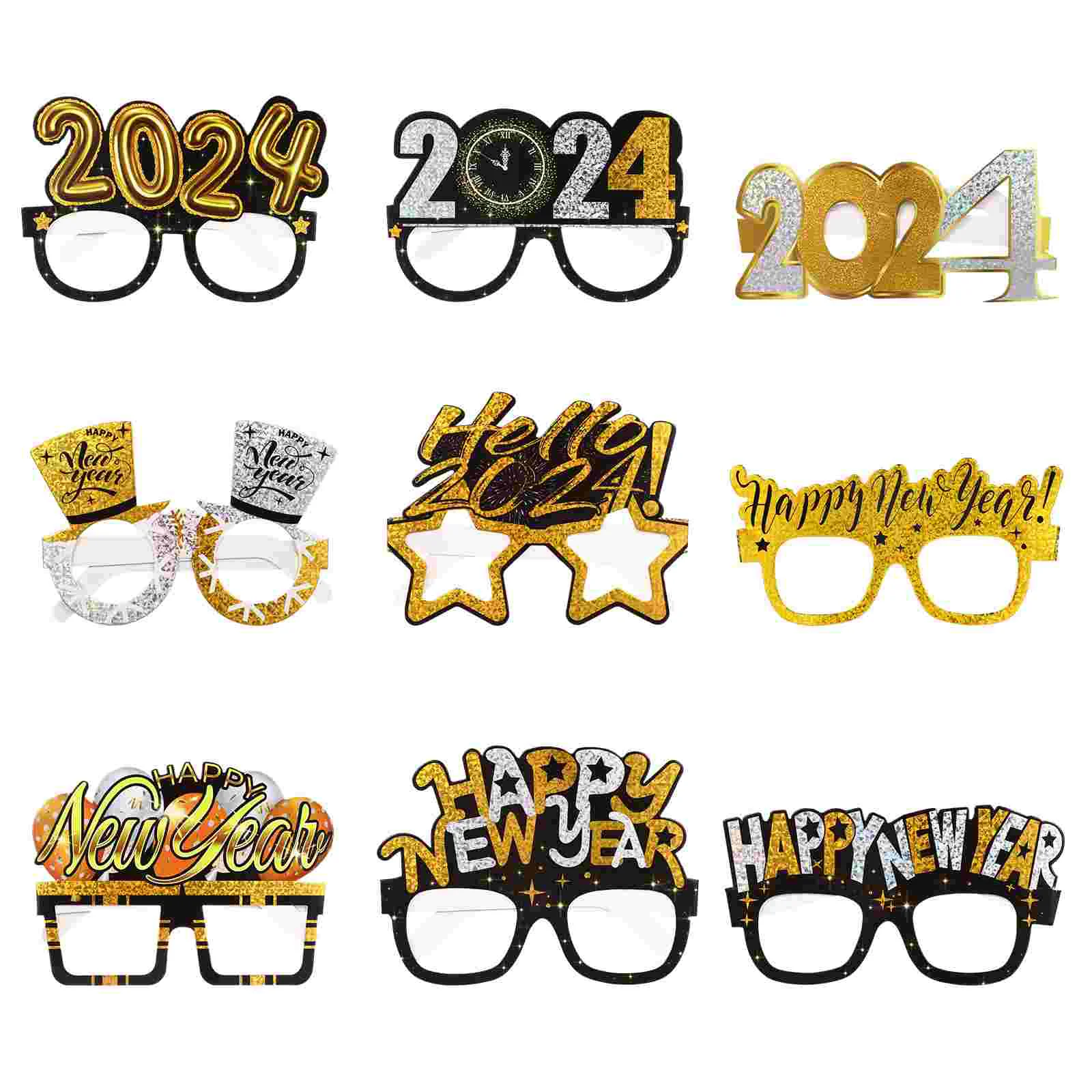 ABOOFAN 9шт честита Нова година 2024, Очила за парти в навечерието на Нова година, очила за снимки, подпори, хартиени очила 2024 г.