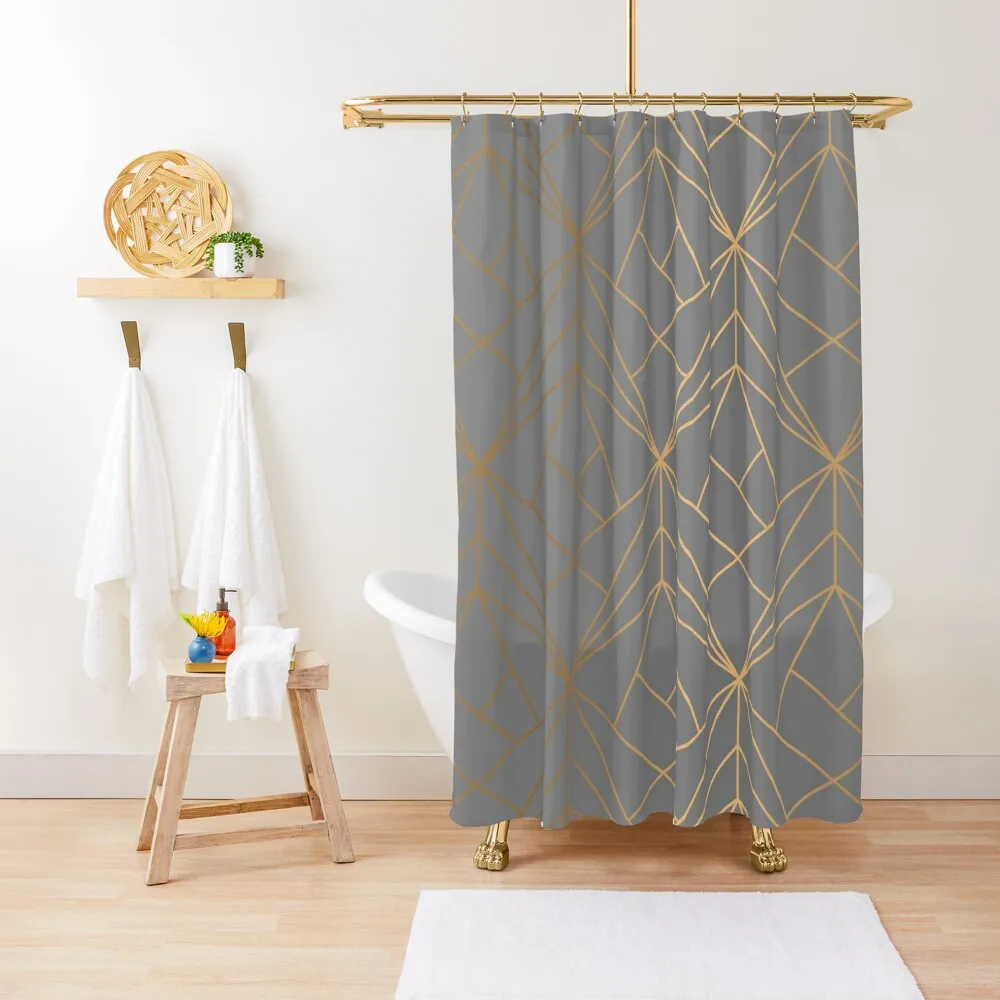 Струя-златни геометричен модел с метален блясък, завеса за душ, душ завеса за баня