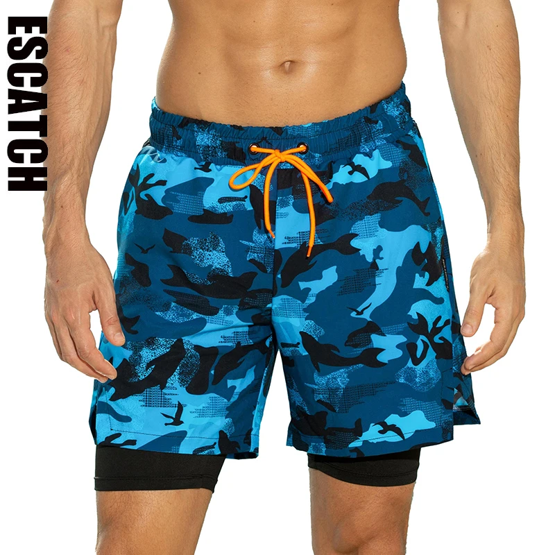 ESCATCH Летни Нови плувни шорти за мъже, подходящи за спорт на открито, бягане, тренировка във фитнеса, плажни шорти 2 в 1, бързосъхнеща плажно облекло