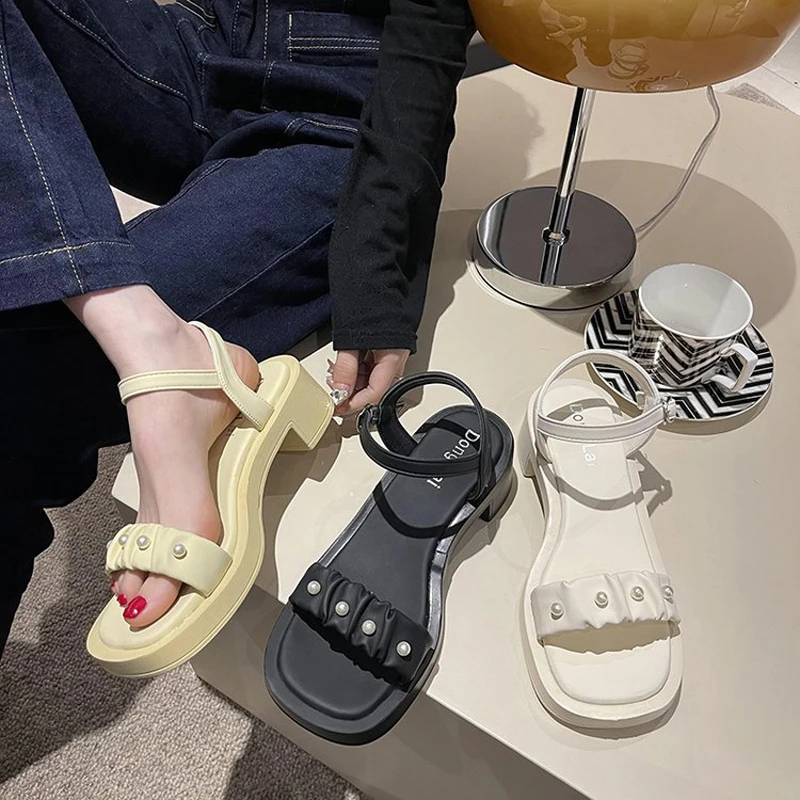 Женски мини леки летни сандали нови френски дебел ток универсален отворени пръсти сандали жени, малки ароматни високи токчета