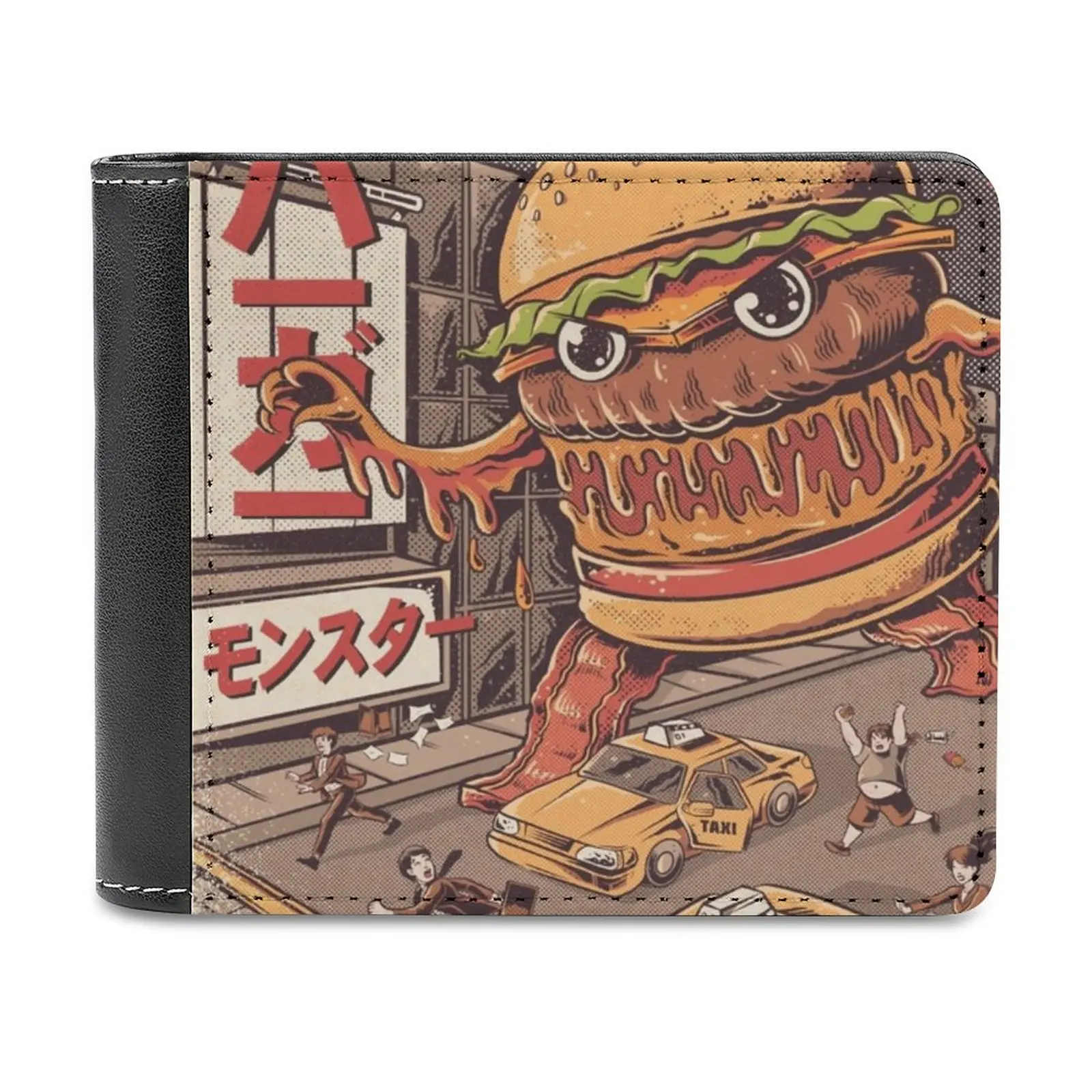 Мъжки портфейл от кожа Burgerzilla Портфейл ръчно изработени персонално Чантата си Подарък за рождения Ден на бащата Подаръци Япония Японски Готвач Kaiju Чудовища-Чудовища