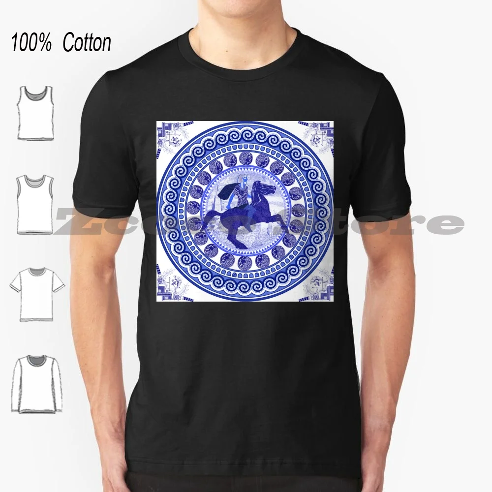 Египетският синьо-бял Александър Македонски (вдъхновен от Сподом), 100% памук, мъжки и дамски модни мека тениска, порцелан Spode