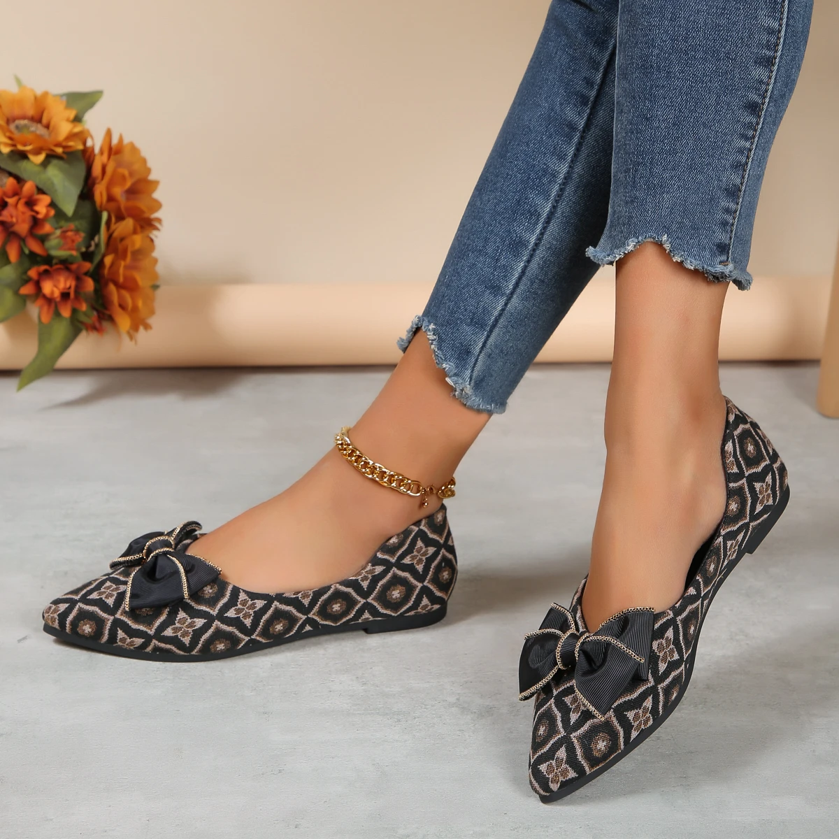Нови дамски фини обувки с бантиком върху плоска удобна подметка с голям размер Four Seasons Дамски обувки голям размер