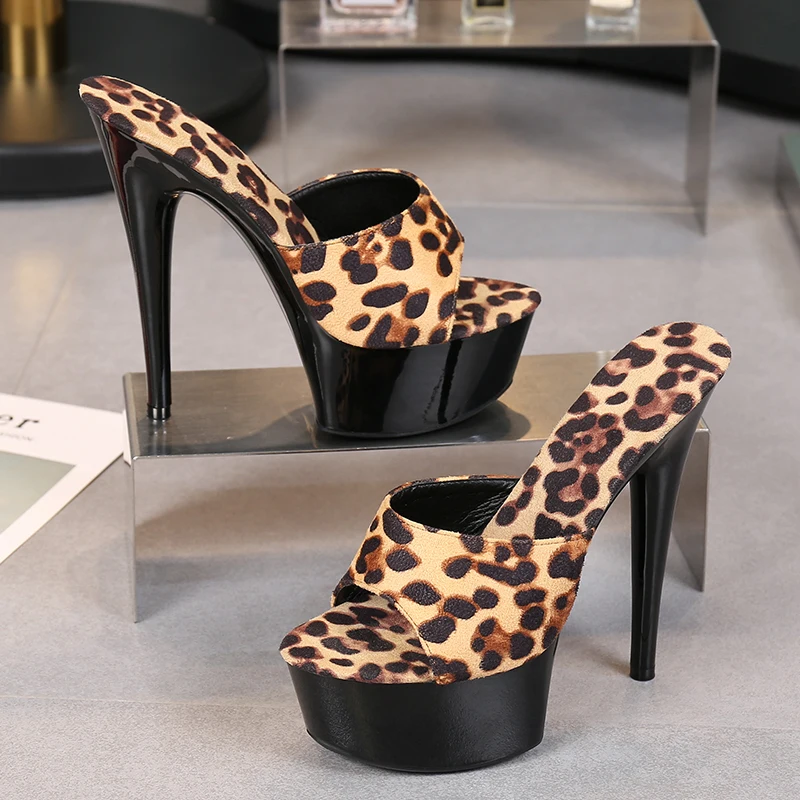 Летни обувки на платформа, дамски чехли с леопардовым принтом, дамски сандали на платформа за нощен клуб, чубрица 15 см токчета