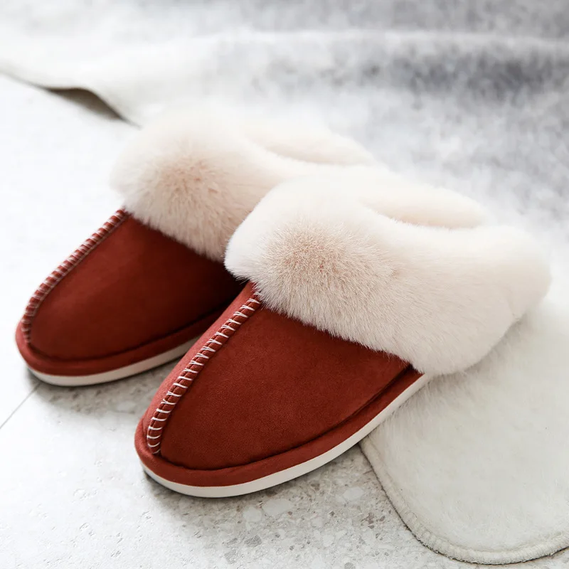 Нови зимни Топли Домашни Кожени чехли, Луксозни Дамски памучни обувки от изкуствен велур и плюш, домашни чехли на равна подметка за спални, Пухкави чехли