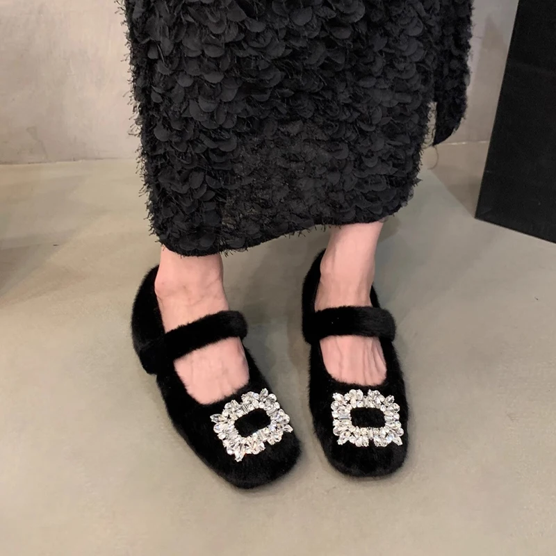Кристални дамски кожени луксозни обувки Mary Janes на среден ток с квадратни пръсти Зимните вечерни обувки-лодка 2024 Нови дизайнерски дамски Елегантни обувки