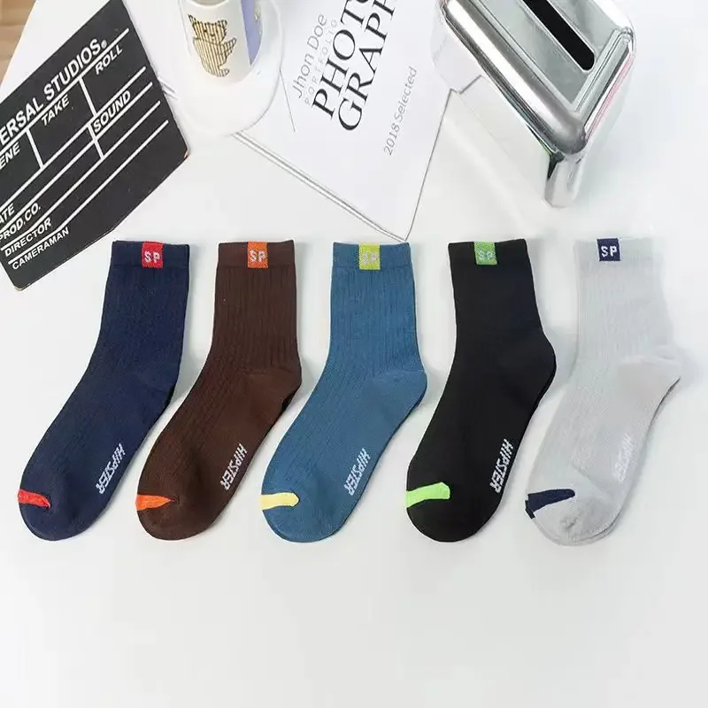 10 Чифта памучни мъжки чорапи дишащи ежедневни чорапи, обикновена, шарени, пролет-лято, фини, абсорбиращи потта Спортни мъжки чорапи-тръба