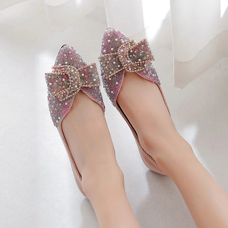 Дамски/женски обувки на плоска подметка с украса във вид на кристали и banta, блестящи балет апартаменти с остри пръсти, елегантни дамски обувки за сватба с перли, 34-43 големи размери, лоферы