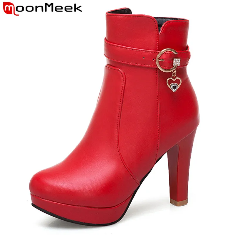 MoonMeek 2023, Размер 32-43, Нови Зимни обувки от изкуствена кожа с цип, Женски Модел обувки на дебел висок ток, Жените ботильоны в платформата
