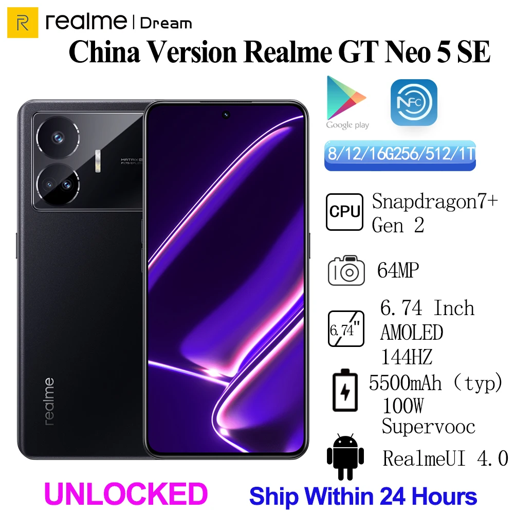 Отключени Оригинален Realme GT Neo 5 SE Snapdragon7 + Gen2 100 Вата Бързо Зарядно Устройство Supervooc 5500 mah 64 mp 6,74 Инча AMOLED 144 Hz
