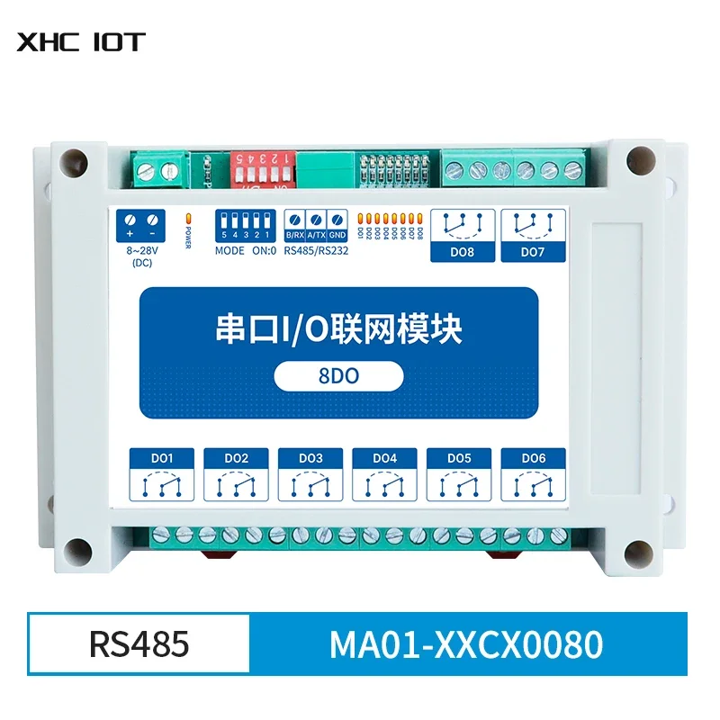 8DO Модул последователни входно-изходни ModBus RTU Интерфейс RS485 8 Канала на 8 ~ 28 vdc Инсталация за Употреба рейки XHCIOT MA01-XXCX0080