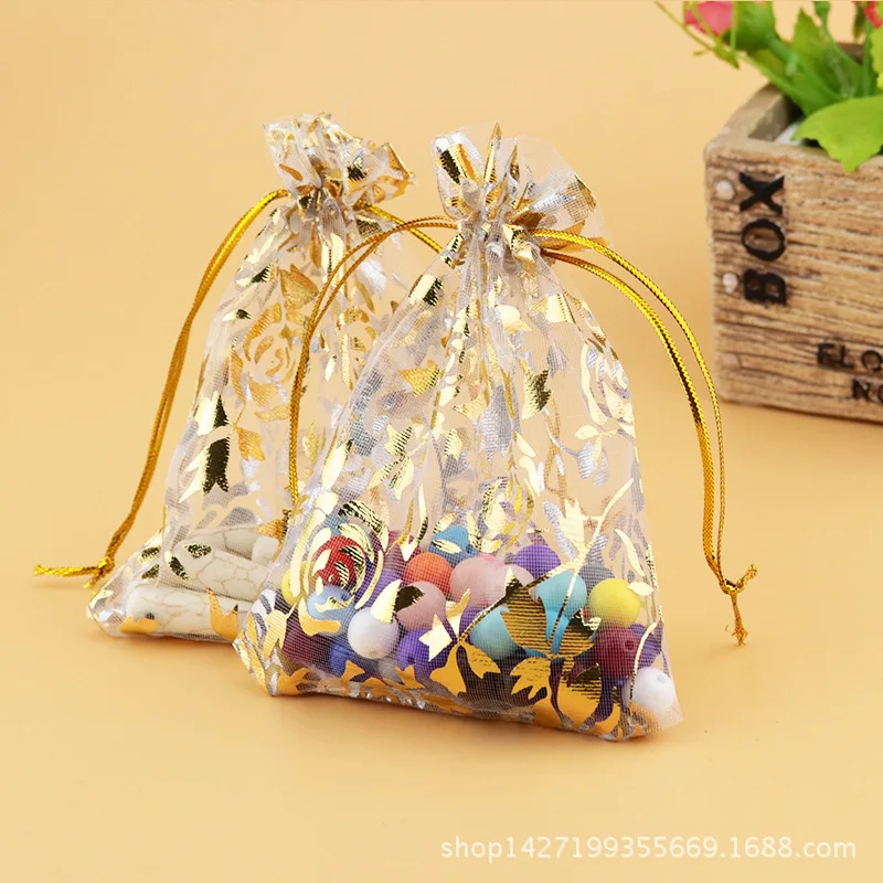 Hot 100 бр./лот (15x20 см) Подарък чанта, изработена от органза със златна роза на съвсем малък за сватбени партита, Коледни подаръци, Пликове за бижута, чанта за опаковане на бонбони