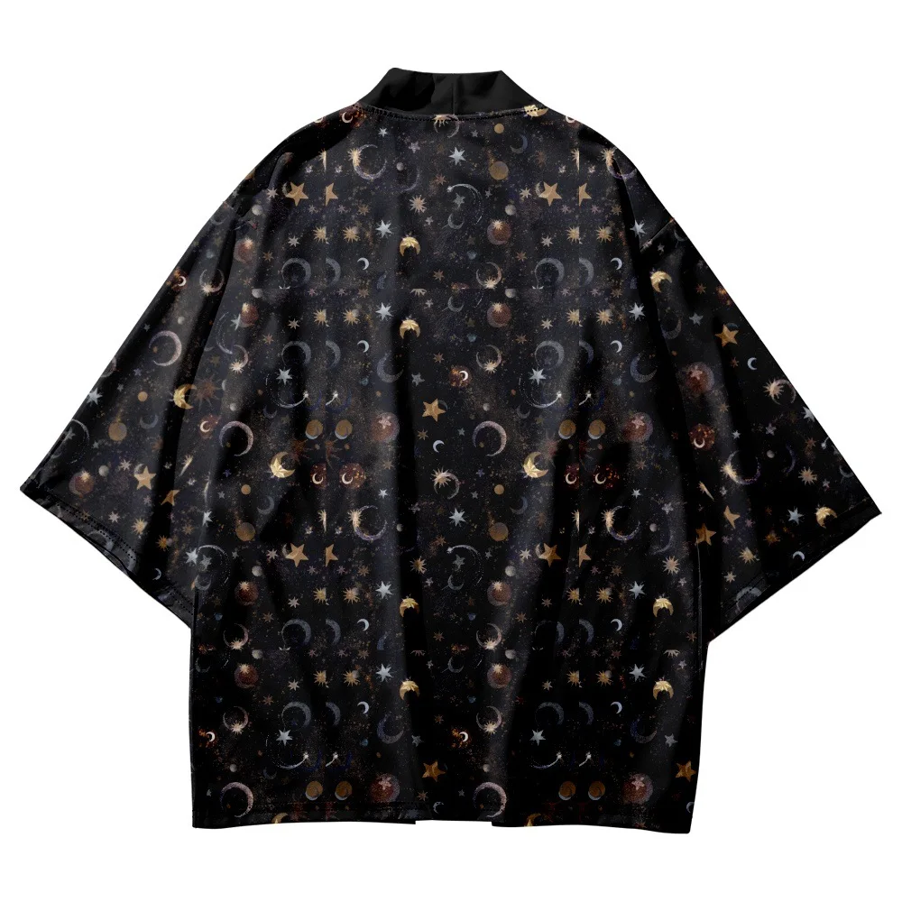 Модерен е Черно японското кимоно с принтом Звездите и Луната 2023, Лятна плажна риза Юката с 3/4 ръкав, Летни ежедневни дамски жилетки Haori, върхове
