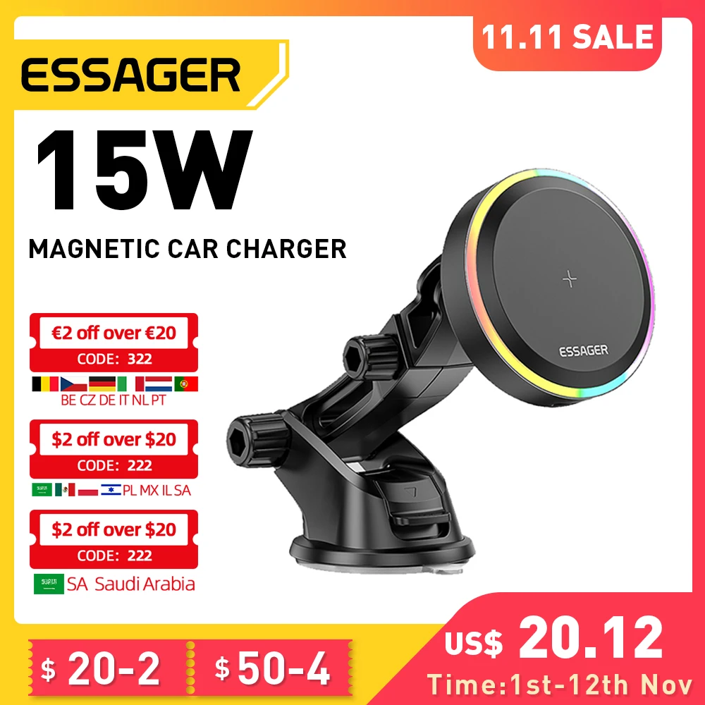 Essager RGB Магнитен Кола Телефона Qi 15 W Безжично Зарядно Устройство за Кола За iPhone 14 13 Pro Max Samsung Универсален калъф Телефон Поставка