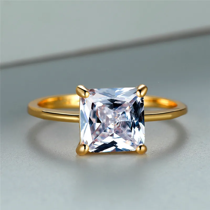 Пръстен с квадратен камък от бял цирконий кройка принцеса, жена луксозно годежен пръстен с кристали, Очарователни пръстени за сватбени партита златен цвят за жени
