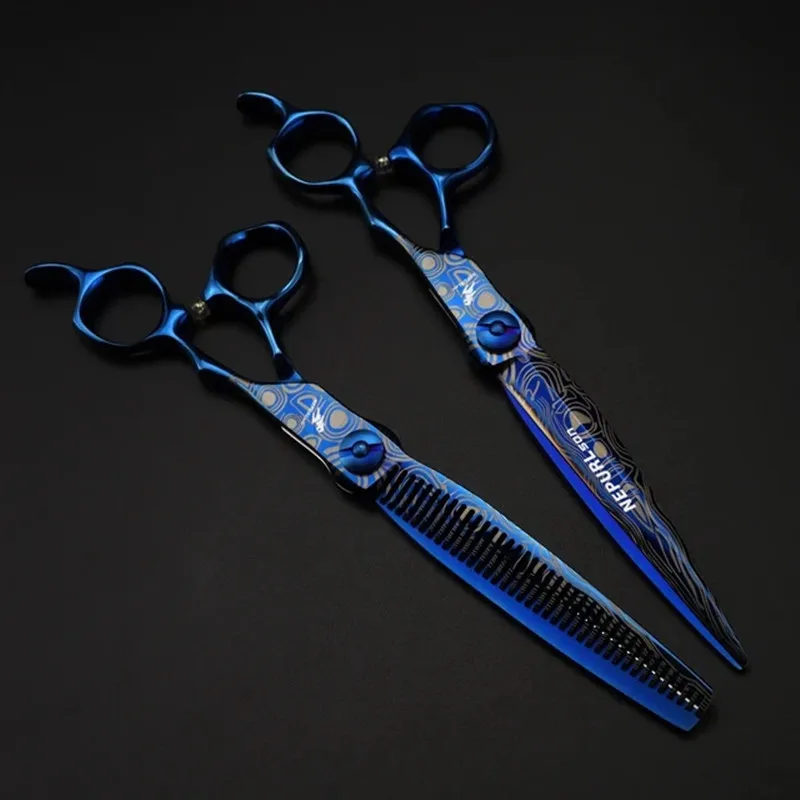 Професионален 7-инчов сини дамасские престижна ножици, Фризьорски инструменти за подстригване на коса, фризьорски ножици, фризьорски ножици,