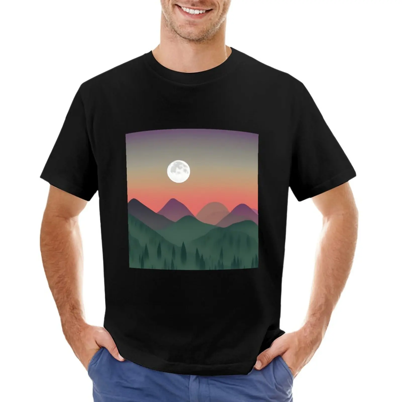 Минималистичен планински пейзаж, залез, наклон на небето, тениска оверсайз, графична тениска, тениска с аниме, мъжки забавни тениски