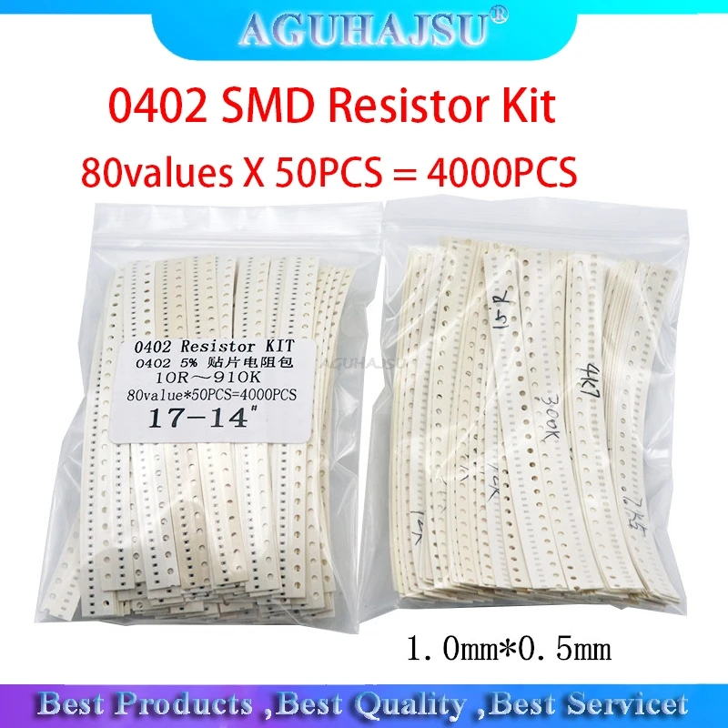 4000 Бр Набор от резистори SMD 0402 Разнообразни 10R-910K Ω 5% 80valuesX 50ШТ = 4000 бр Набор от проби