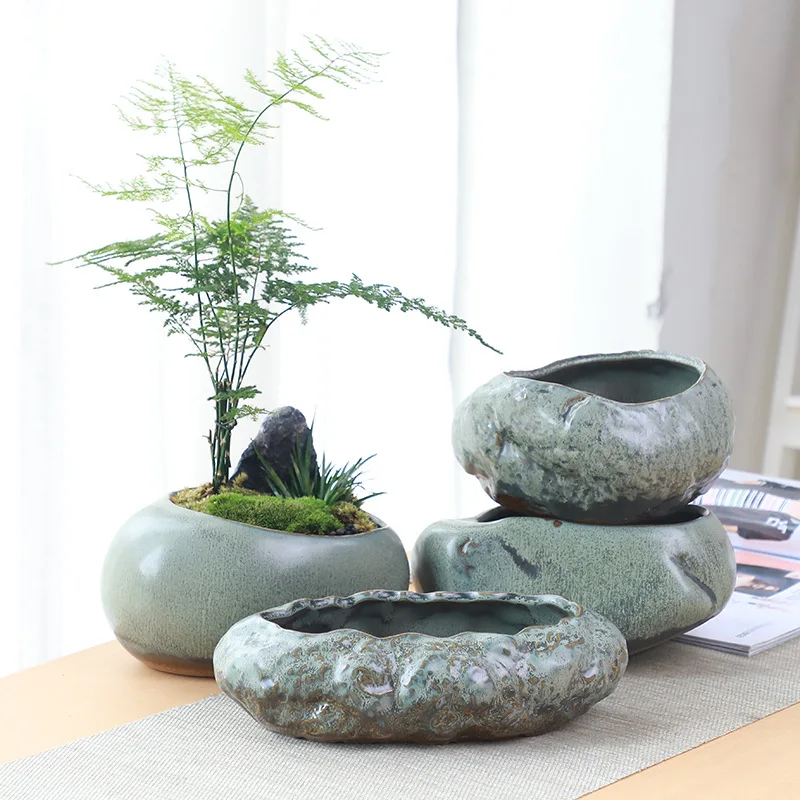 Ретро керамични малка саксия творчески настолен домашен сочно зелено растение Вэньчжу съдове в саксии Китайски градина ръчно изработени
