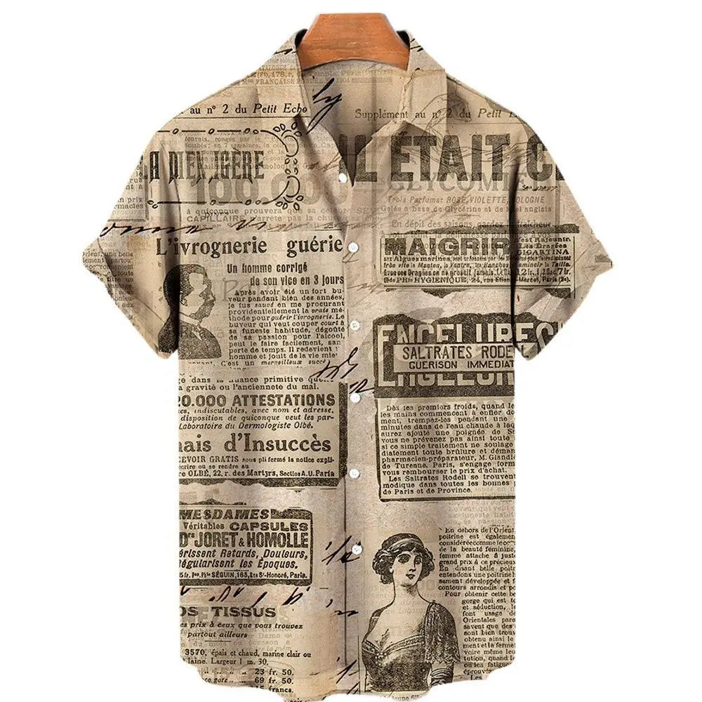Мъжка риза в стил ретро, хавайска риза с ревери в ретро стил от вестникарска хартия с 3D принтом, градинска ежедневни риза с къси ръкави, топ