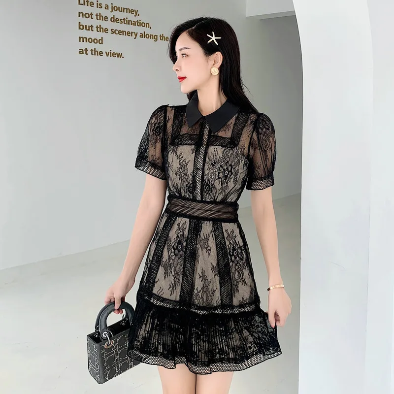 SMTHMA 2022, ново постъпването на Жената в Черно дантелено рокля, луксозно лятото мини рокля в стил мозайка с къс ръкав, открита в стил мозайка,