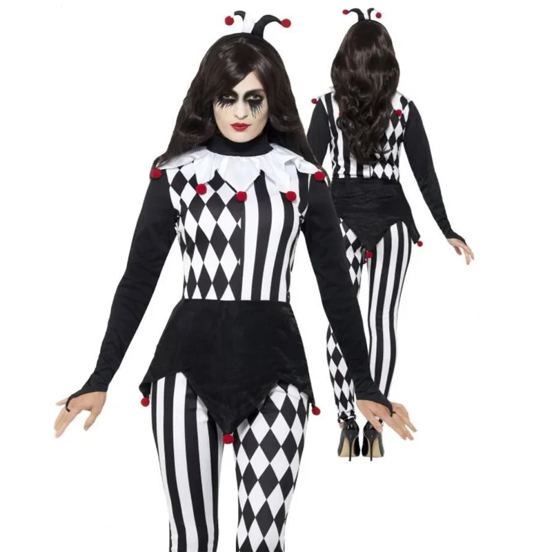 Женски костюм на Клоун убиец за възрастни, cosplay, тела Ужасно Клоун, Смешно е Страшно облекло за Хелоуин, Облекло на Клоун в Бяла и черна ивица