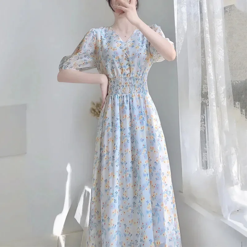 Елегантна Шифоновое рокля с принтом, женски ежедневното рокля Миди с къс ръкав и V-образно деколте, Корейското Модно рокля трапецовидна форма, дебнещ талия