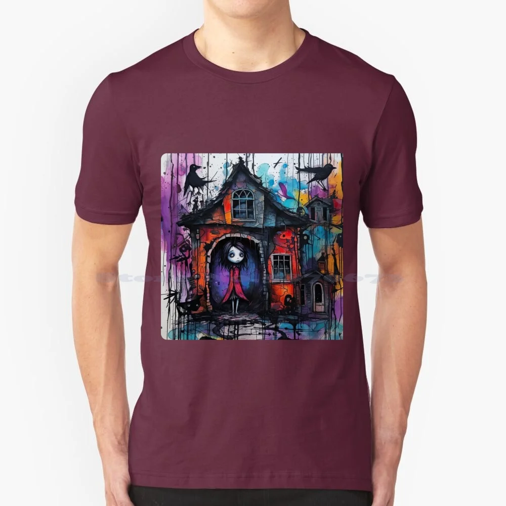 Тениска Girl And A Haunted House от 100% памук Тениска Чип Barber Vectorsprite, Зловеща, Странно, Странно, Необичайно, Странно